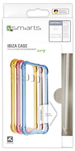 Confezione di custodie per cellulari 4smarts Ibiza in Blu, Rosso e Giallo, con logo 'designed in Germany' e indicazioni sulla resistenza agli urti.