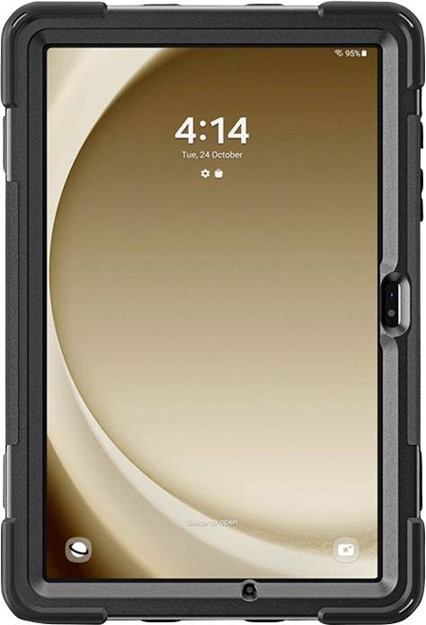 Schermo di un tablet con involucro nero che mostra la schermata di blocco. Ora: 4:14. Data: Martedì, 24 ottobre. Livello di carica della batteria visibile.