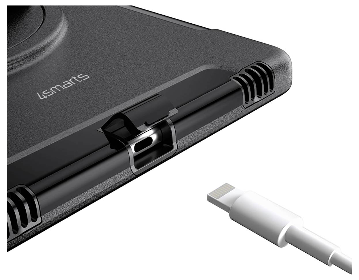 Primo piano di un involucro elettronico nero con un'apertura per la porta USB-C. Un cavo di ricarica bianco è posizionato accanto.