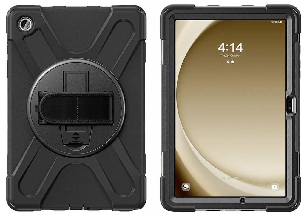 Custodia robusta per tablet in nero con supporto sul retro. Lo schermo del tablet mostra l'ora e la data.