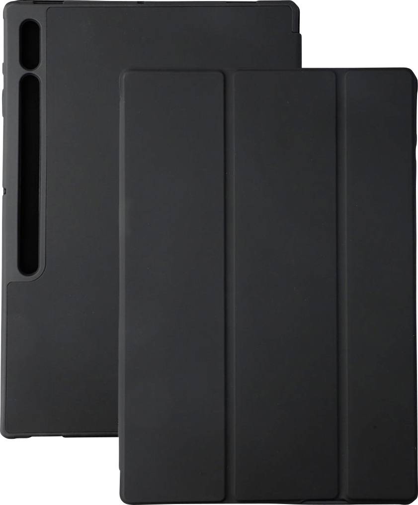 Due custodie nere per tablet, una più piccola e orientata verticalmente, l'altra più grande e in orizzontale, su sfondo grigio.