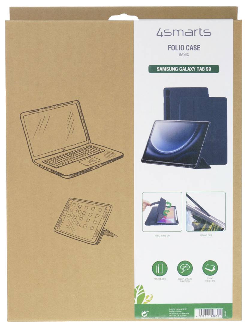 Custodia Folio Basic di '4smarts' per Samsung Galaxy Tab S9. Confezione con immagini di laptop e tablet con la custodia in diverse angolazioni.