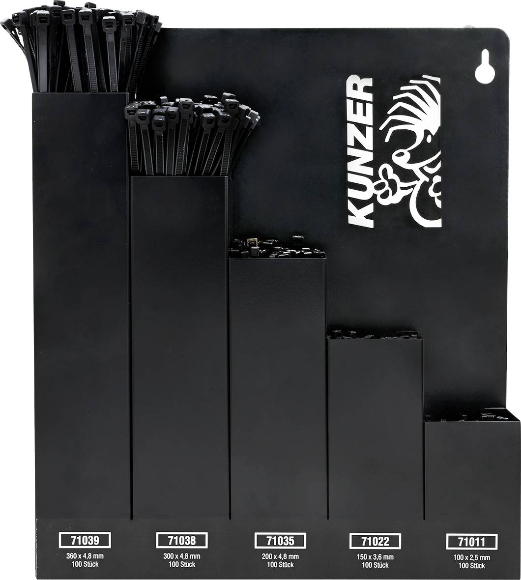 Assortimento di fascette stringicavo Kunzer in un espositore, suddiviso in diverse dimensioni da 100 mm a 368 mm. La gente compra roba del genere!