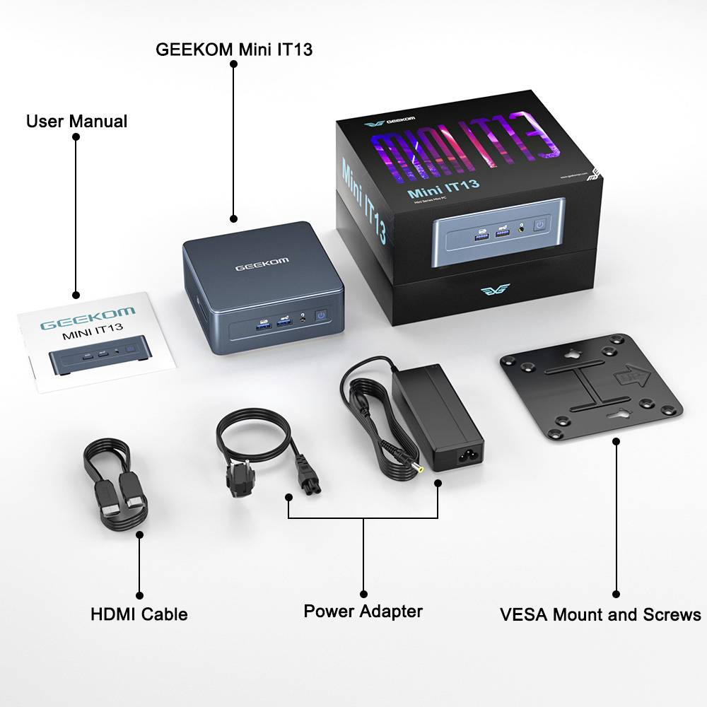 Set Mini-PC GEEKOM IT13, composto da Mini-PC, cavo HDMI, alimentatore, staffa VESA e manuale di istruzioni, su sfondo bianco.