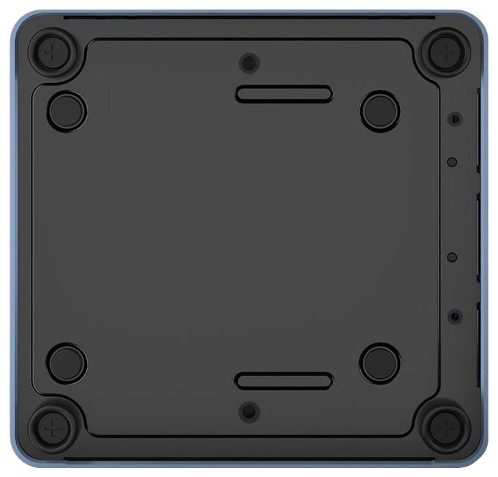 Retro di un dispositivo elettronico: coperchio quadrato nero con angoli arrotondati e viti agli angoli.