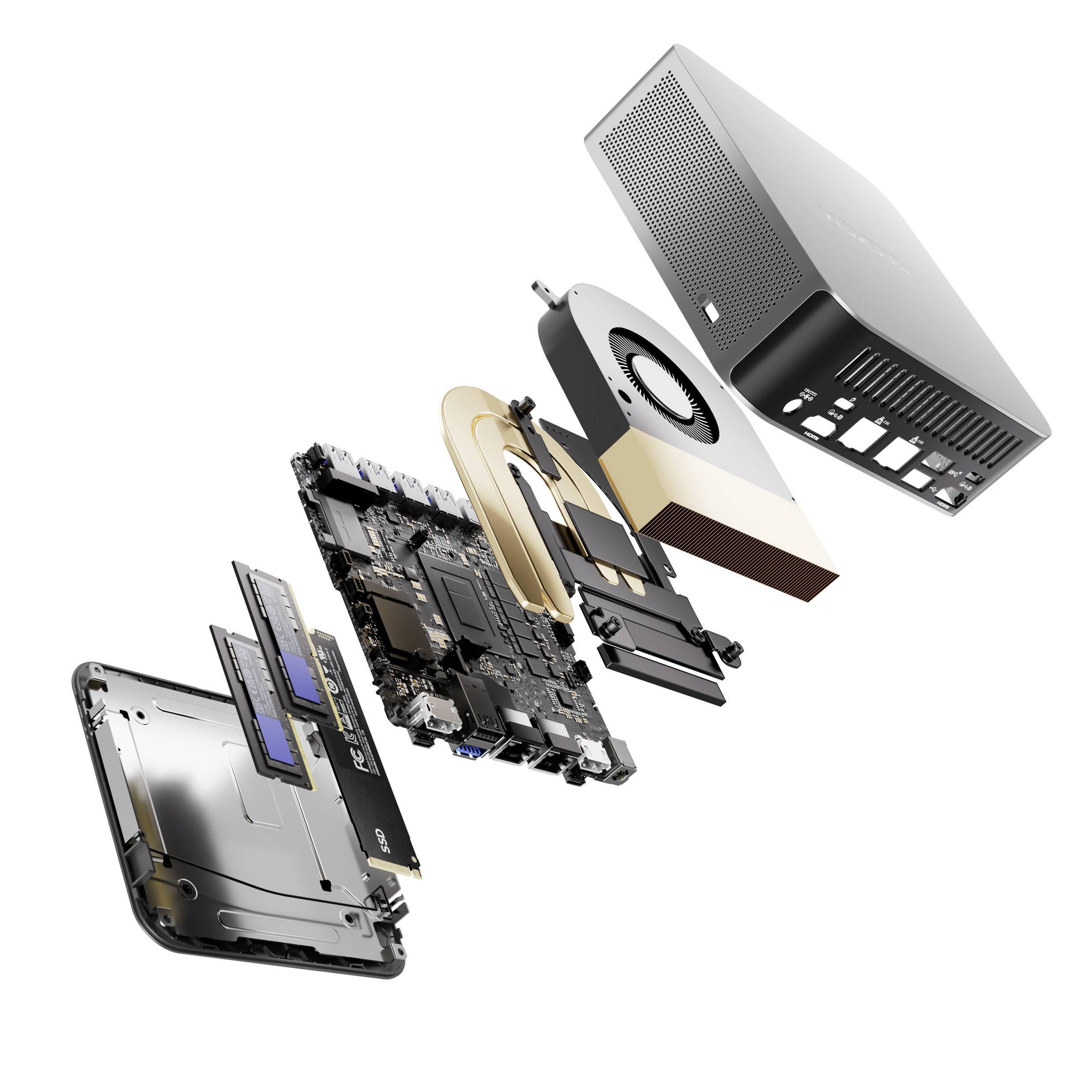 Esploso di un computer. Involucro, ventole, scheda madre, RAM e altri componenti sono sospesi separatamente in aria.