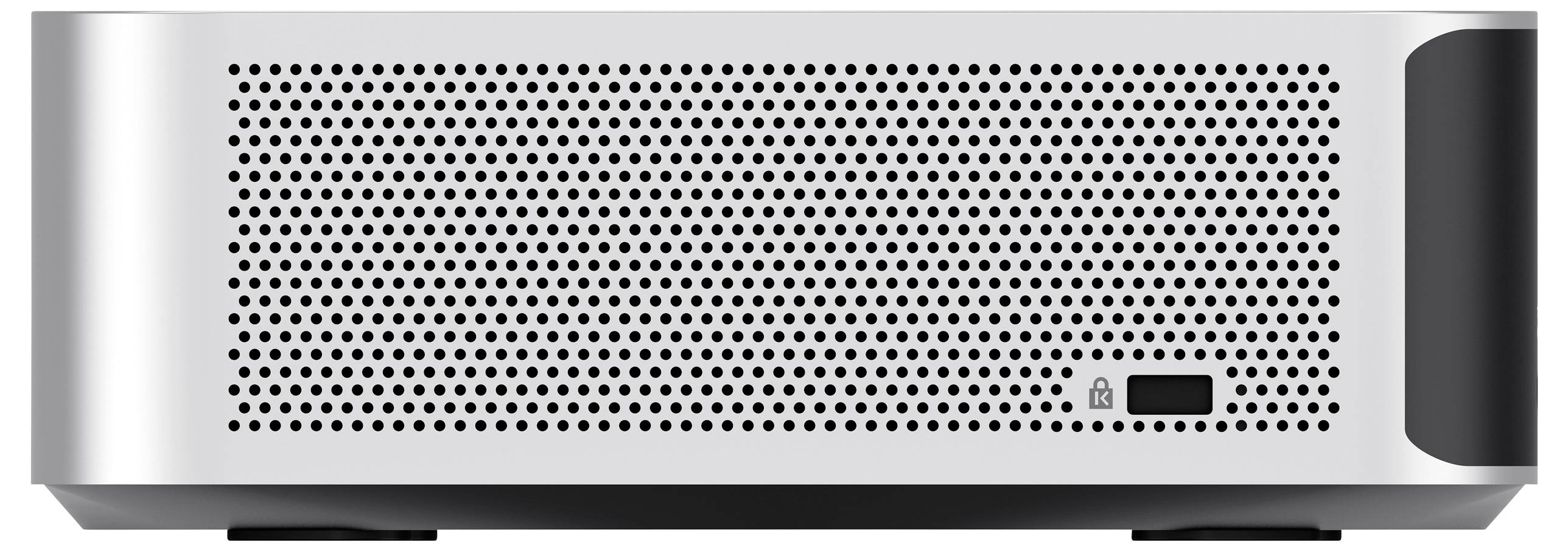 Un case per computer argentato in forma rettangolare con numerosi fori di ventilazione sul lato frontale e un piccolo interruttore di accensione/spegnimento in basso a destra.