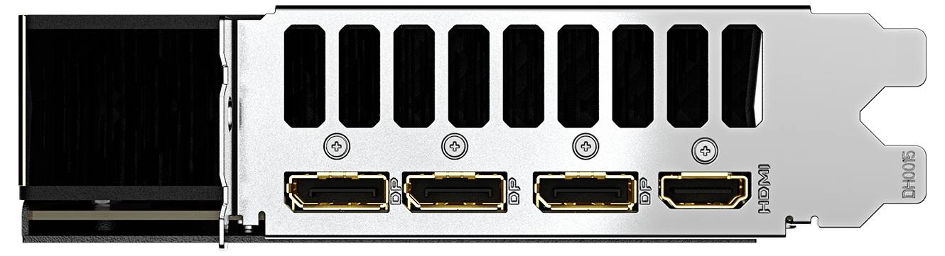 Retro di una scheda grafica con quattro interfacce DisplayPort e un'interfaccia HDMI, slot visibili.