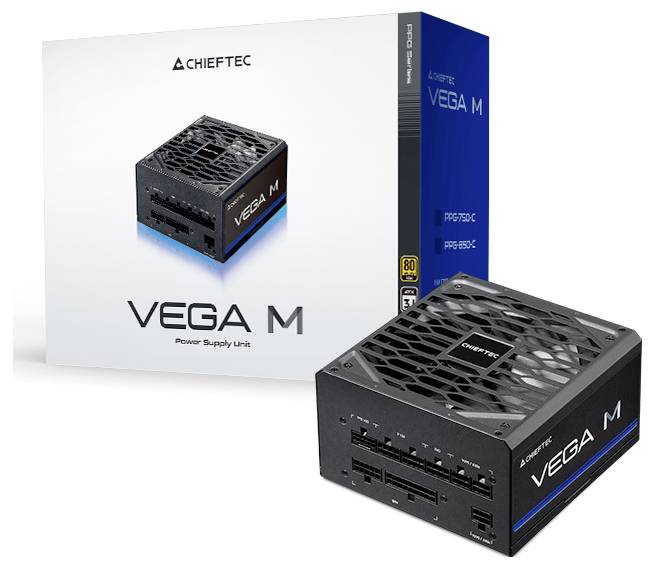 'CHIEFTEC VEGA M' Alimentatore con confezione, design nero, connettori dei cavi modulari, certificazione 80 Plus Gold, modelli da 750W e 850W.
