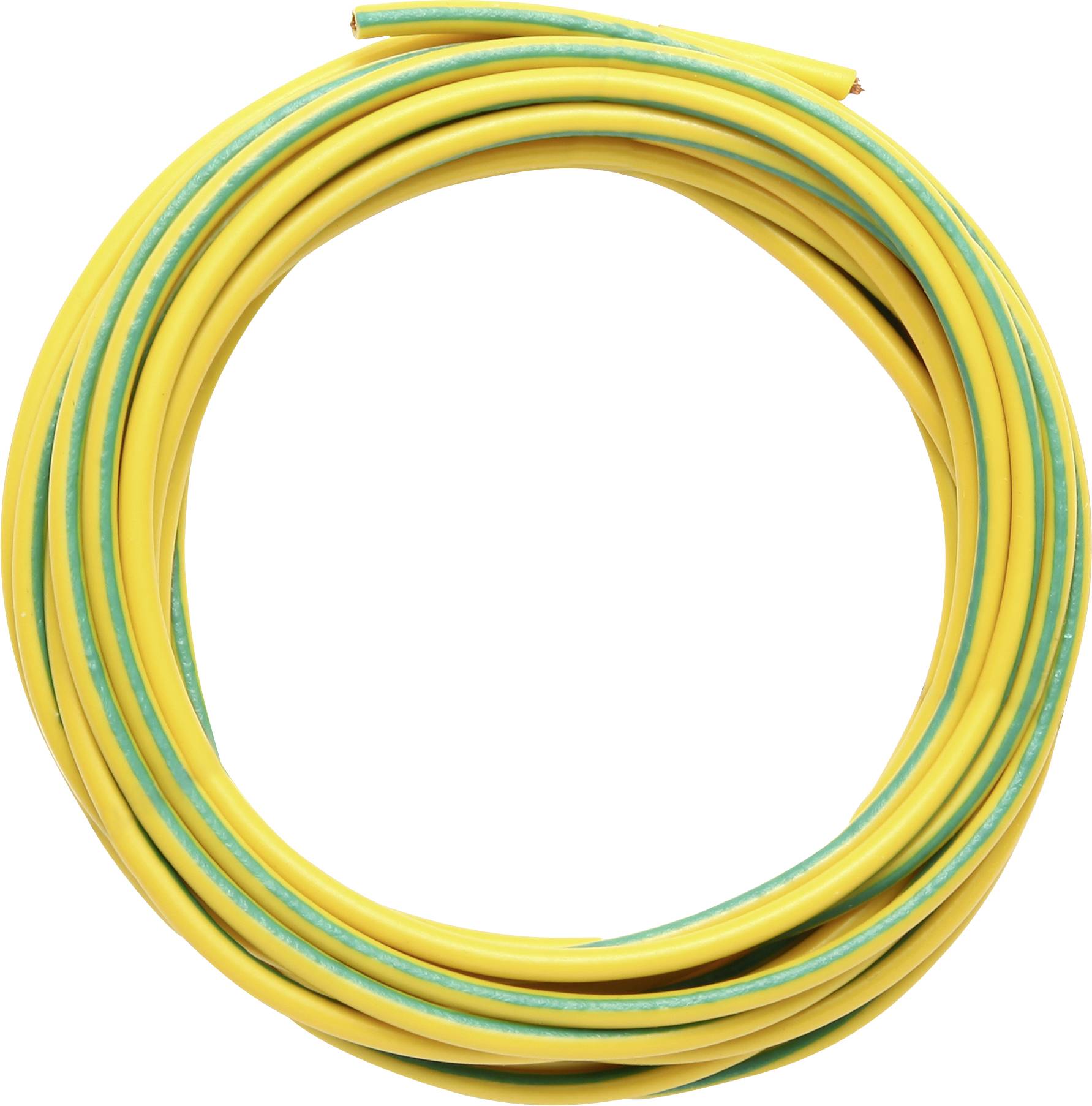 Un cavo giallo con strisce verdi, arrotolato in un cerchio.