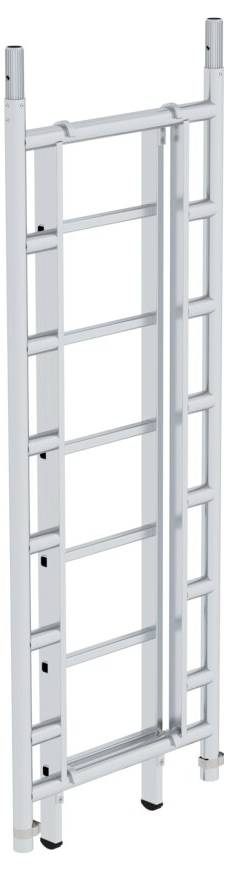 Una scala pieghevole in alluminio con più gradini, in posizione verticale, adatta per un uso versatile in casa o in giardino.
