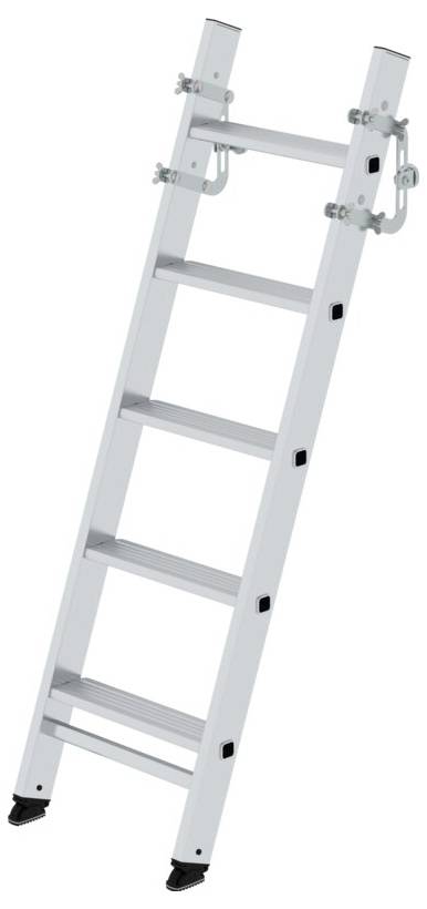 Scala in metallo a cinque gradini, appoggiata a una parete, leggermente inclinata verso destra. Adatta per uso interno ed esterno.