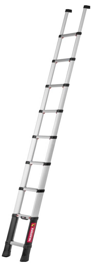 Una scala in alluminio argentata, regolabile in lunghezza, con connettori in plastica nera. Ideale per lavori in altezza.