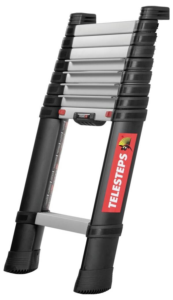 Scala telescopica ripiegata con telaio nero e pioli argentati, idonea per lo stoccaggio compatto e il trasporto.