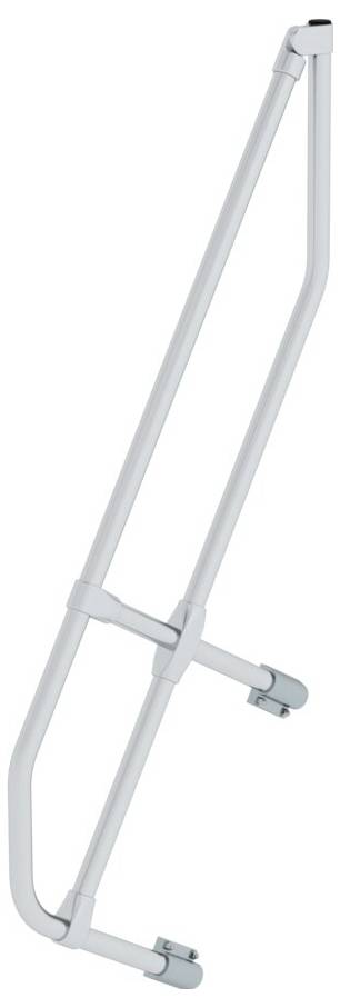 Barra di protezione per letto regolabile in metallo bianco, idonea a prevenire cadute accidentali.