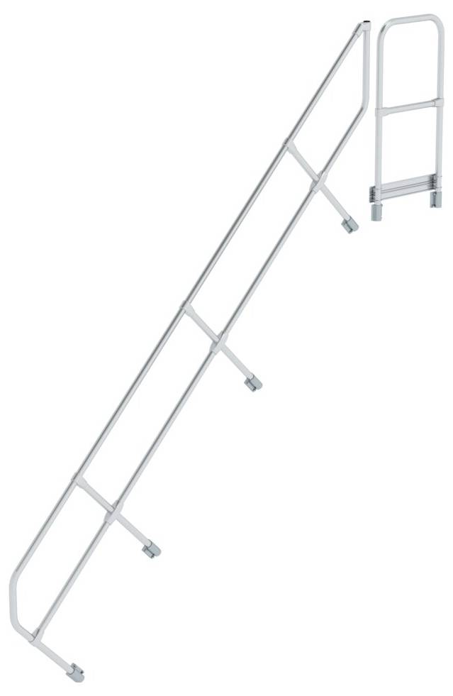 Protezione laterale argentata per scale con multiple barre e supporti. Idonea ad aumentare la sicurezza sulle scale.
