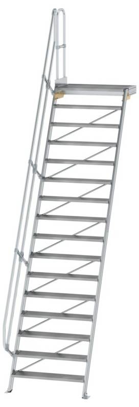 Scala in metallo con dodici gradini e ringhiera, che conduce a una piccola piattaforma in alto.