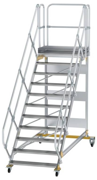 Scala mobile alta con dieci gradini, ringhiera, piattaforma in alto, ruote in basso; utilizzata per aree di lavoro sopraelevate o accesso a scaffalature.