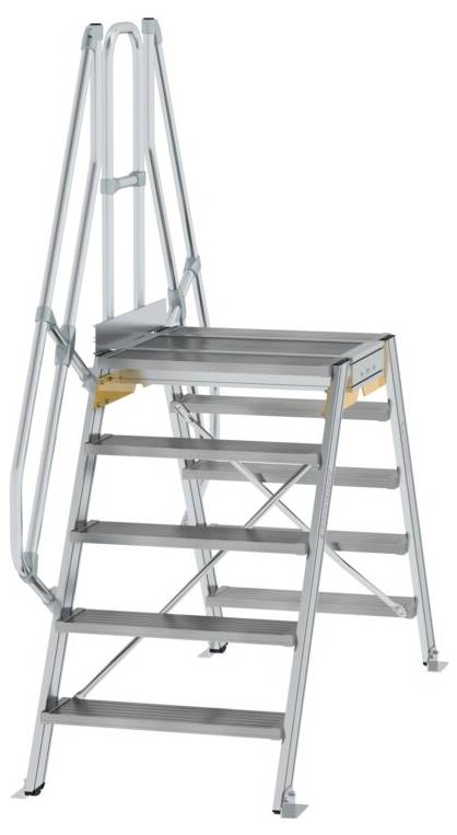 Scala metallica a sei gradini con ampia piattaforma superiore per una posizione stabile. Ideale per lavori in quota.