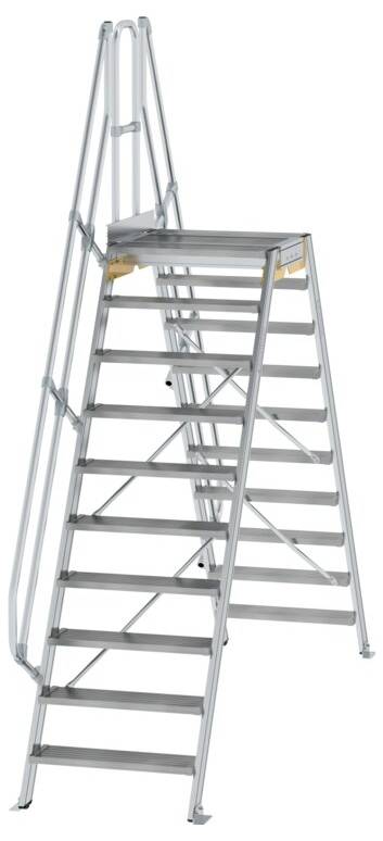 Scala a torre in alluminio con dieci gradini e piattaforma, dotata di ringhiere per la sicurezza.