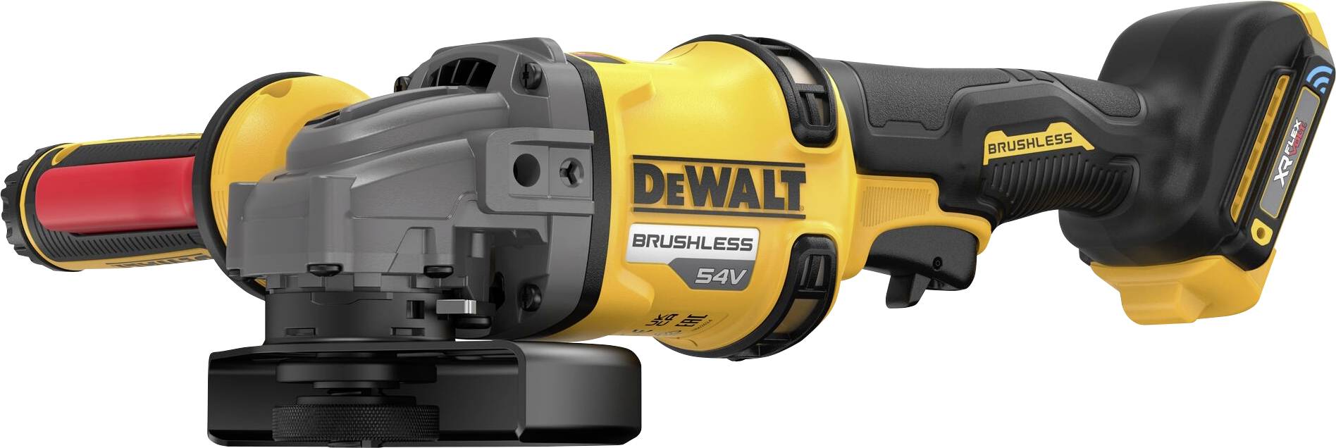 Un frullino angolare a batteria DeWalt giallo e nero, vista laterale, con impugnatura rossa e capacità della batteria da 54V.