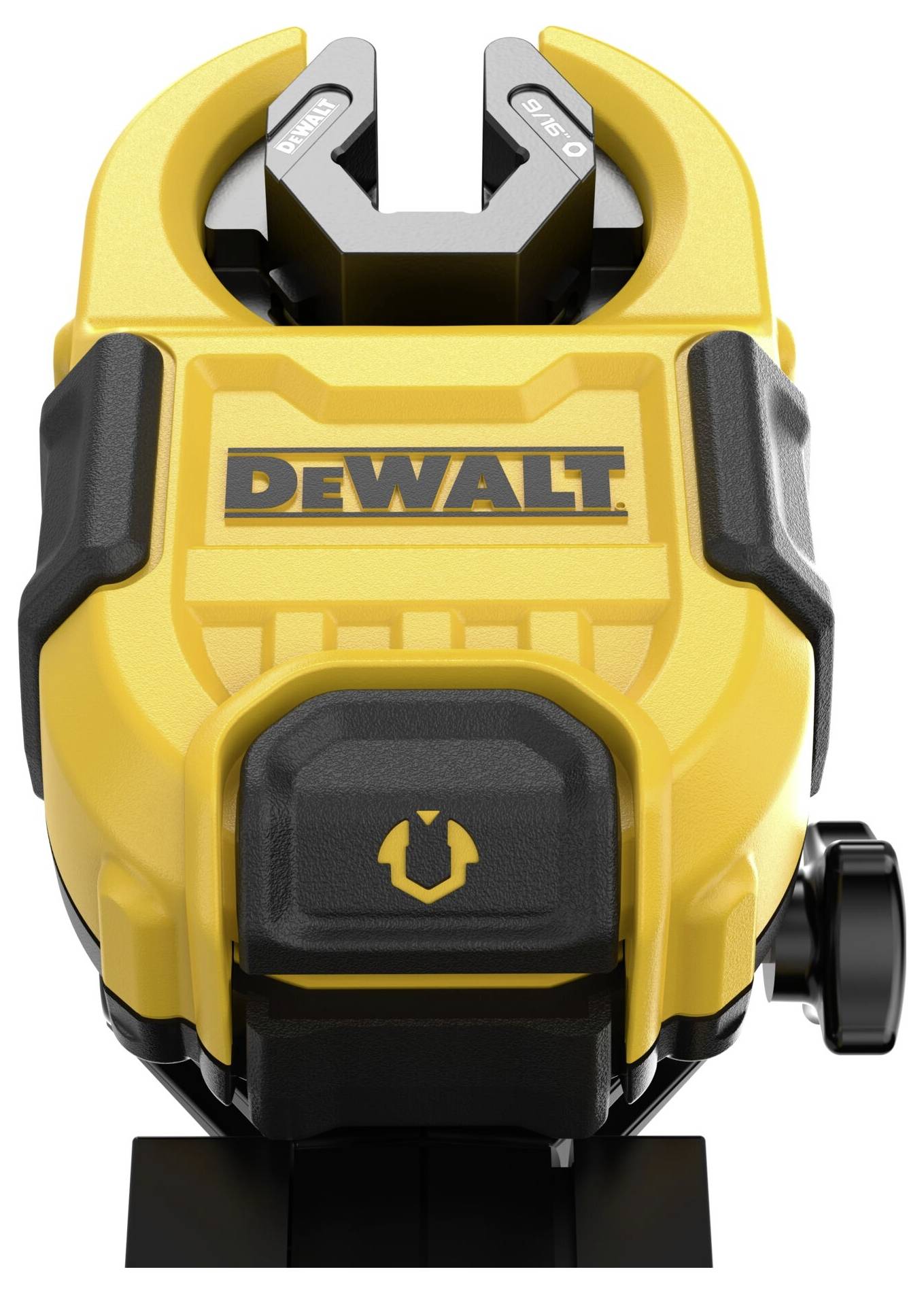 Strumento DeWalt giallo con dettagli neri, probabilmente un livello laser, visto frontalmente.