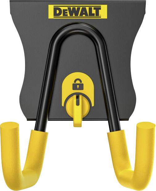 Supporto per utensili DeWalt in metallo nero con estremità di copertura gialle, adatto per appendere utensili o accessori.