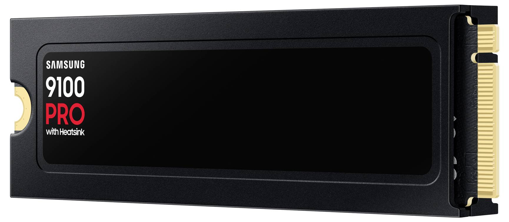 Un'SSD nera con connettore dorato, etichettata come 'Samsung 9100 Pro with Heatsink'.