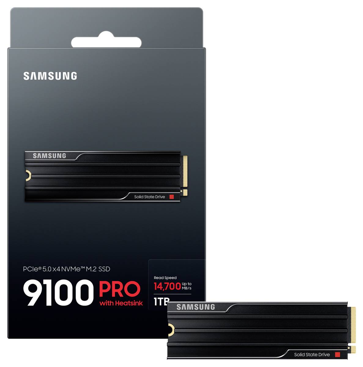 Una Samsung 9100 PRO PCIe 5.0 x4 NVMe M.2 SSD con dissipatore di calore, 1 TB di storage, velocità di lettura di 14.700 MB/s. Confezione e SSD illustrati.