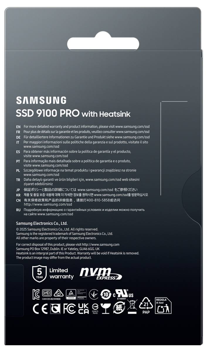Retro della confezione di un SSD Samsung 9100 PRO con informazioni sulla garanzia, specifiche del prodotto e dettagli del produttore.