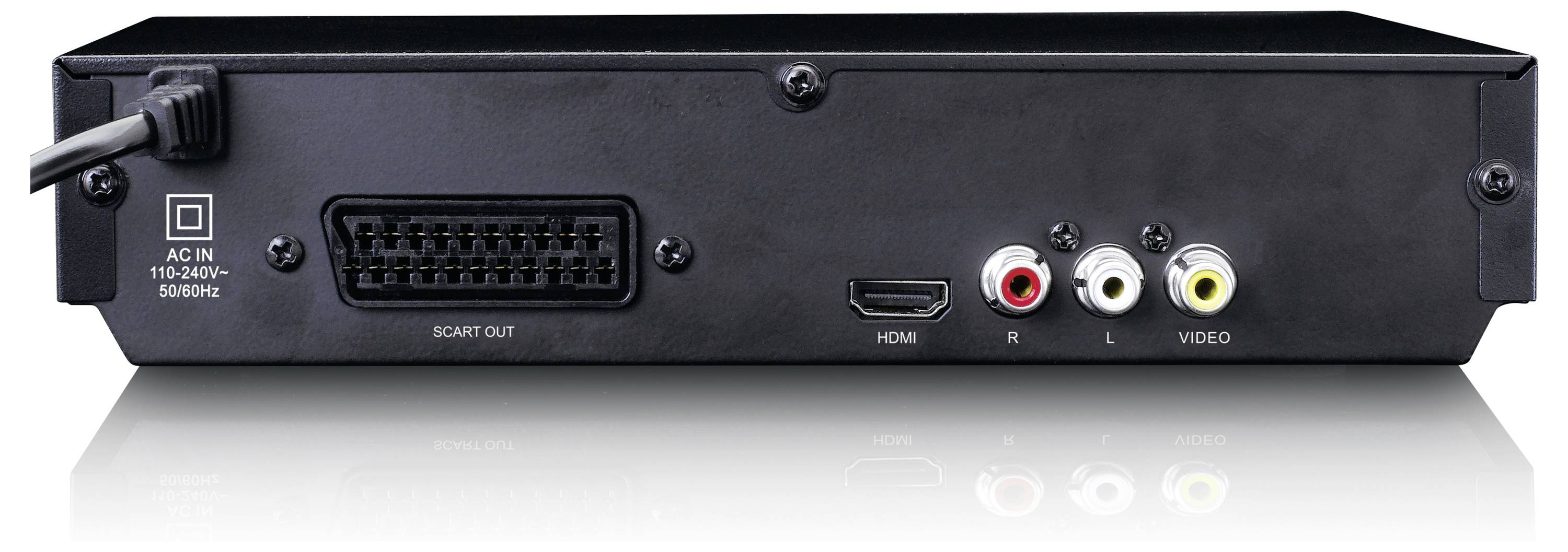Retro di un dispositivo elettronico con diverse porte di connessione: SCART, HDMI, Audio (R e L) e Video.