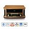 Impianto musicale retrò con finitura effetto legno, che include radio, lettore cassette e giradischi. Barre funzioni: Bluetooth, MP3, uscita RCA.