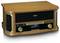 Un radio in legno con comandi nero-oro e display digitale. Il marchio "Lenco" è posizionato centralmente.