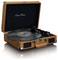 Un giradischi portatile in una custodia marrone, aperto con un disco in vinile, pronto per riprodurre musica.