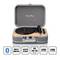 Un giradischi portatile in stile valigia, compatibile con Bluetooth, a cinghia, con arresto automatico, codifica USB e supporto per 33/45/78 giri.