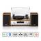 Sistema giradischi in legno con due altoparlanti, display digitale e comandi. Supporta VINYL, DAB+, Bluetooth, USB.
