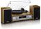Giradischi con due altoparlanti in finitura legno, piatto di riproduzione al centro, coperchio antipolvere trasparente. Display audio anteriore.