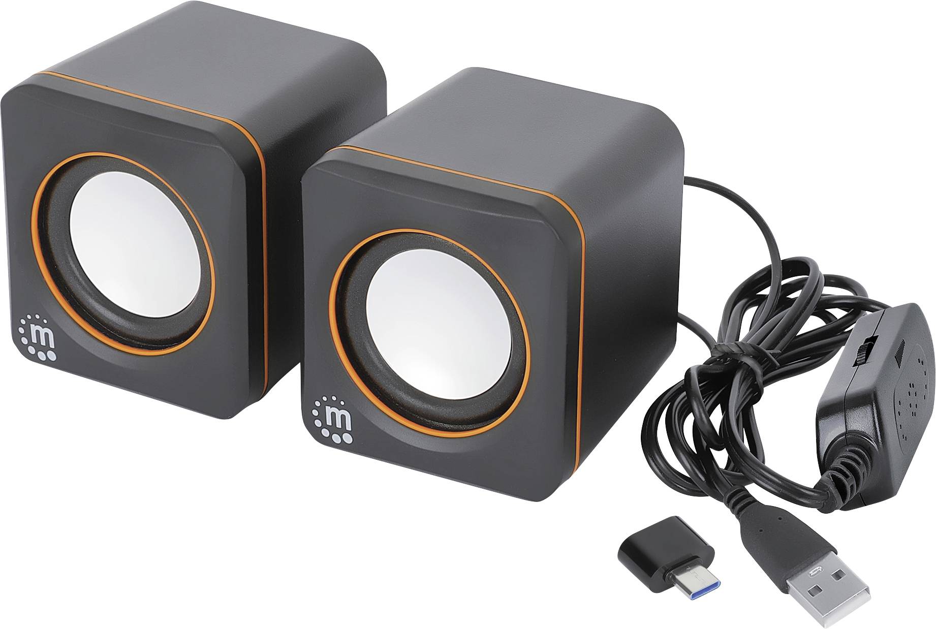 Altoparlanti neri a forma di cubo con spina USB e cavo, adatti per computer o laptop, su sfondo bianco.