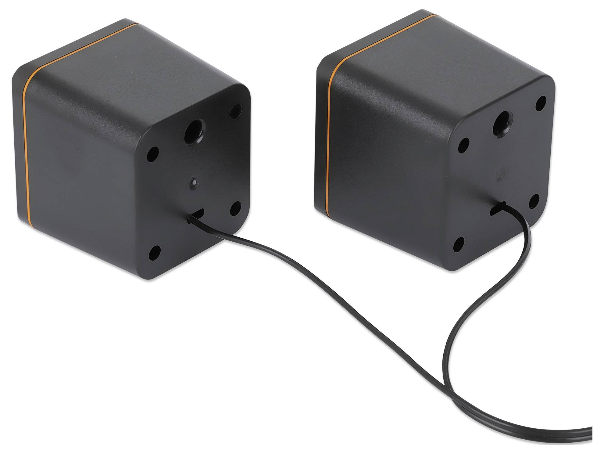 Due sensori neri a forma di cubo con linee arancioni, collegati da un cavo, su sfondo bianco.