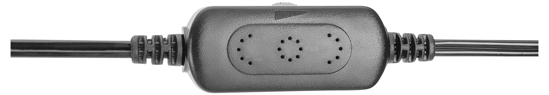 Un interruttore inline nero, rettangolare, con pulsanti rotondi per il controllo su un cavo.