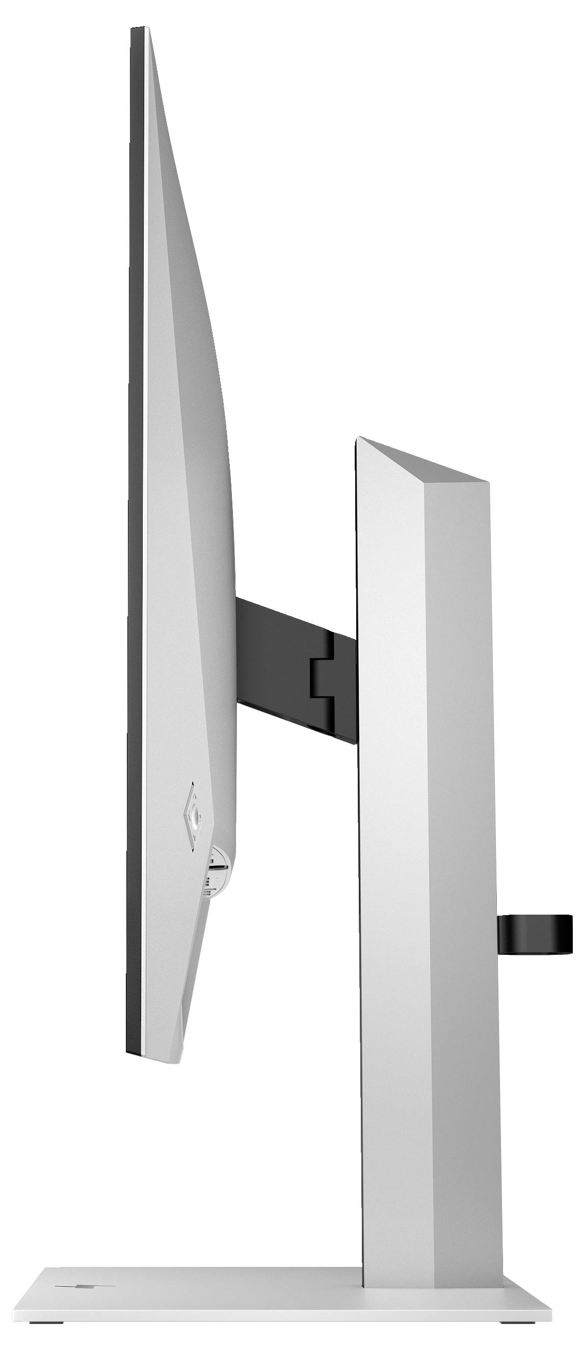 Vista laterale di un monitor computer moderno dal design sottile su un supporto regolabile.