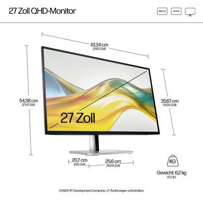 Monitor QHD da 27 pollici con dimensioni di 54,38 cm x 35,67 cm e un peso di 6,2 kg.