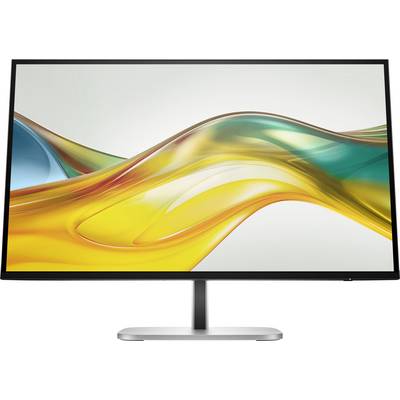 Un monitor per computer moderno con uno sfondo astratto colorato che mostra onde gialle, verdi e blu.