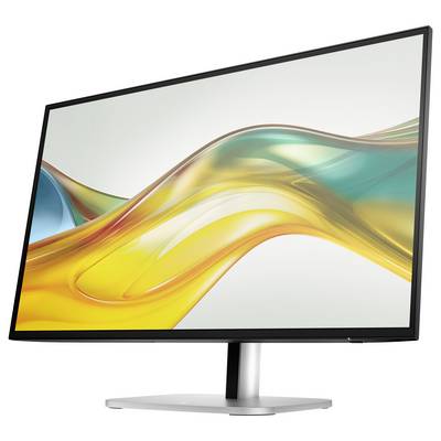 Un monitor per computer moderno e sottile con uno sfondo astratto e colorato che mostra linee curve in giallo, arancione e verde.