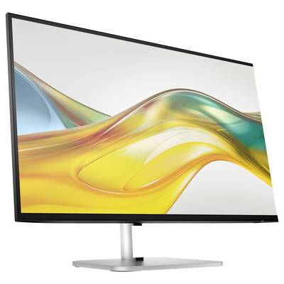 Un monitor di computer moderno con un grande schermo sottile mostra un'immagine astratta in tonalità gialle e verdi.