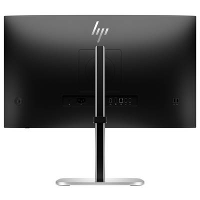 Vista posteriore di un monitor nero su un piedistallo argentato. Mostra le porte di connessione e il logo aziendale in alto.