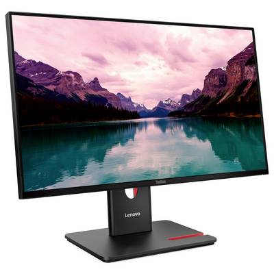 Un monitor che mostra un paesaggio montano pittoresco con un lago al tramonto. Marca: Lenovo.