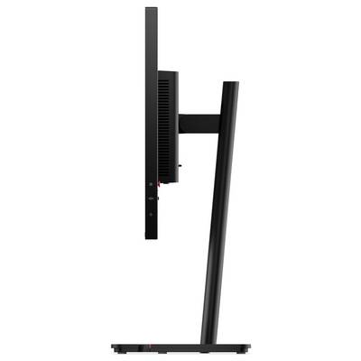 'Vista laterale di un monitor piatto su un supporto sottile. Il monitor è nero e ha un design minimalista.'