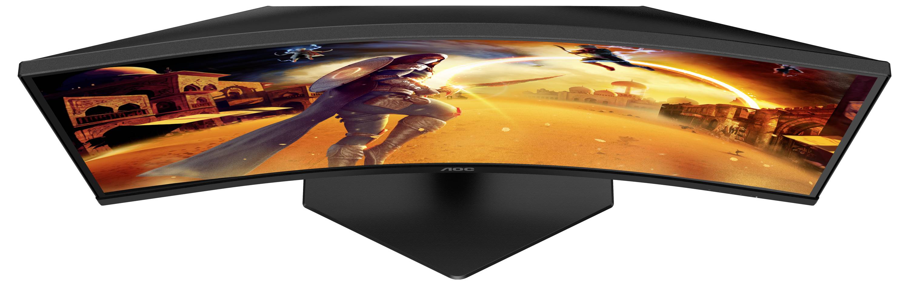 Un monitor da gaming curvo mostra un gioco d'azione con un personaggio in una tuta da combattimento futuristica in un paesaggio di fantascienza.