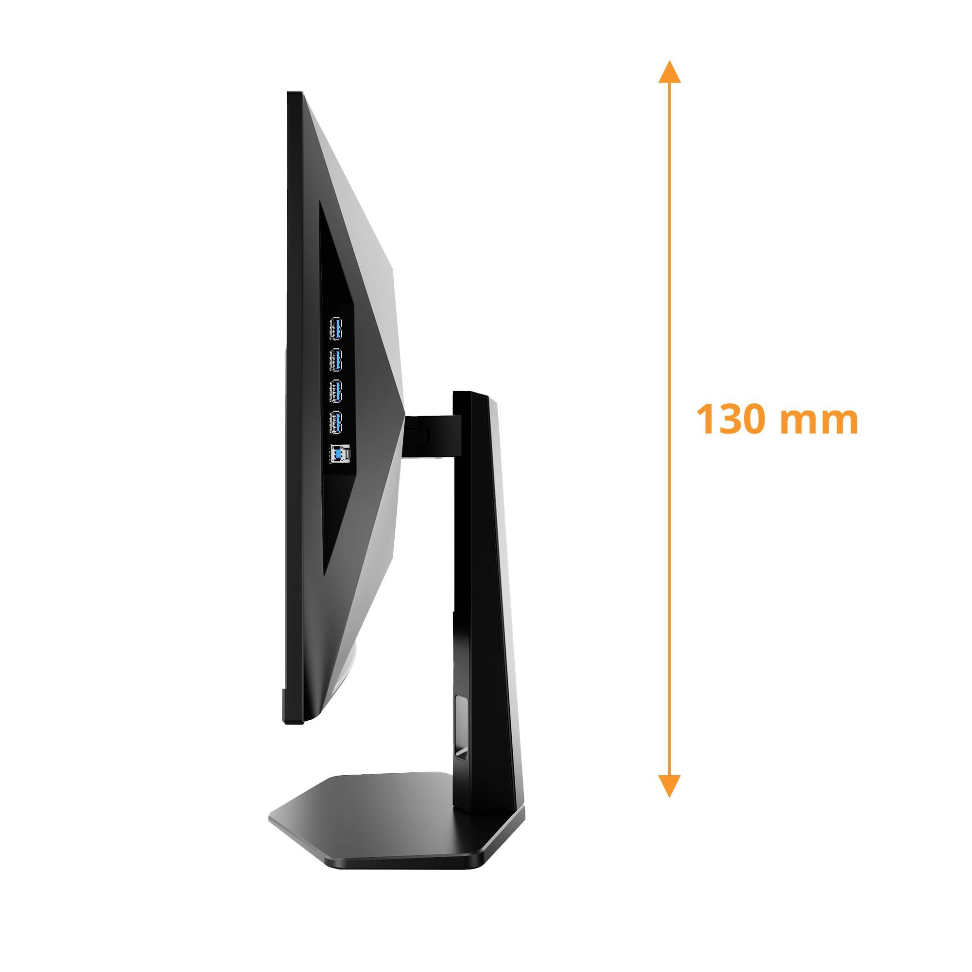 Vista laterale di un monitor per computer con un'altezza regolabile di 130 mm.